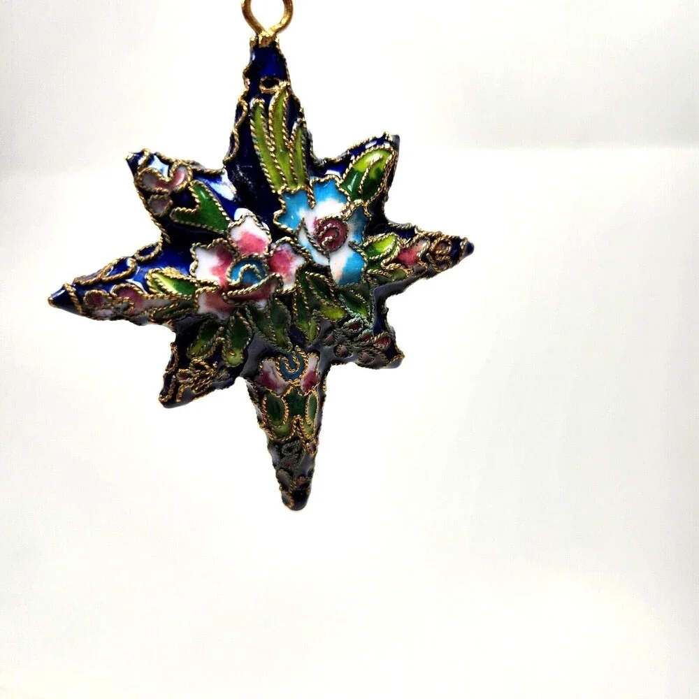 Cloisonne Star Ornament Christmas Discovery Store Blue Floral 3.5 inch Tag